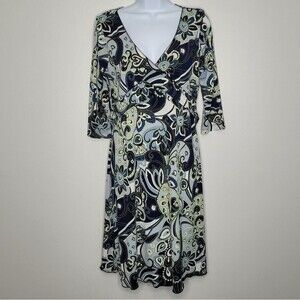 Vintage y2k blue green paisley print wrap look 3/4 sleeve stretch dress medium